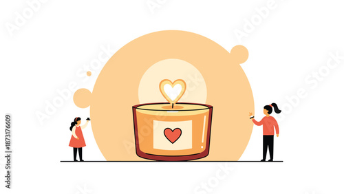 Two people are standing beside a large lit candle decorated with a heart which symbolizes love, peace, memory, or celebration in a warm atmosphere.