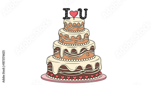 Five tiered chocolate cake with white frosting and a decorative topper reading i heart u is perfect for celebrating weddings and big anniversaries.