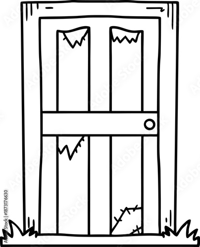 Rough wooden door with cracks and patches, simple rustic style, framed entrance with grass base