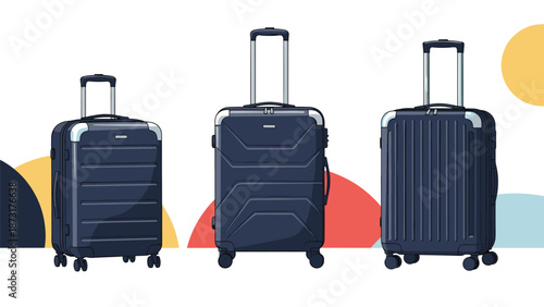 Set of three matching dark blue suitcases in different sizes are arranged together for travel and luggage concepts against a colorful background.