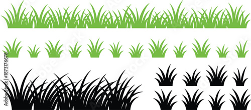 Green and black grass tufts collection, vector silhouette lawn borders and meadow plant elements set isolated on white background for design.
