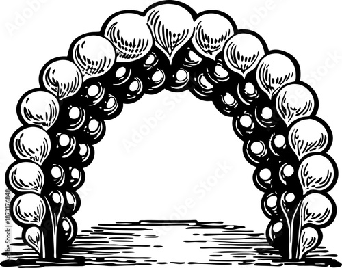 Decorative balloon arch with round balloons arranged in a festive curved pattern