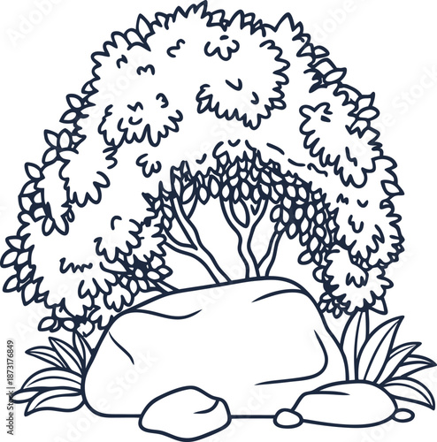 natural bush and rock formation with leaves and ground plants in outline drawing