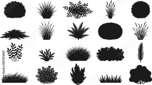 Mega pack of tree silhouettes, garden plan symbols, architectural elevations, black vector bushes, shrubs, grasses, and winter plant icons for landscaping,
