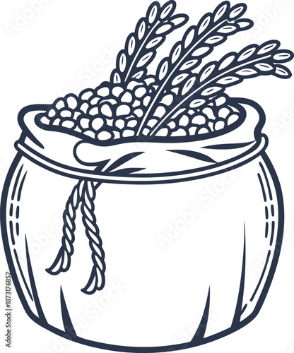 Sack filled with grain and wheat stalks, agriculture harvest and farming container illustration