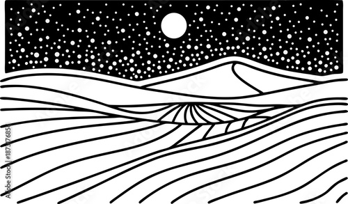 Night desert landscape with rolling dunes under starry sky and full moon