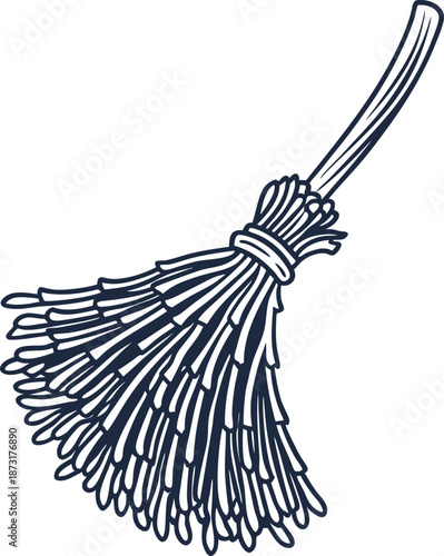 Hand drawn broom illustration with wooden handle and natural bristles, cleaning tool sketch design