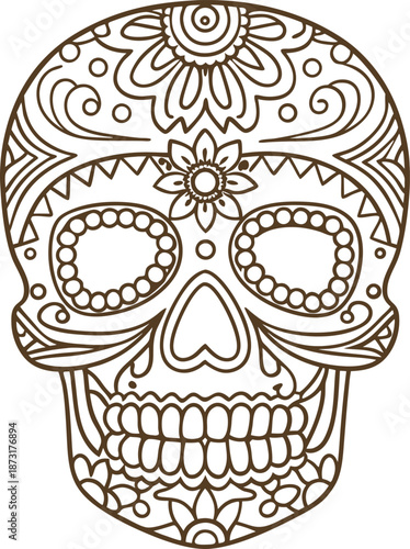 decorative sugar skull outline with floral and geometric patterns for day of the dead celebration