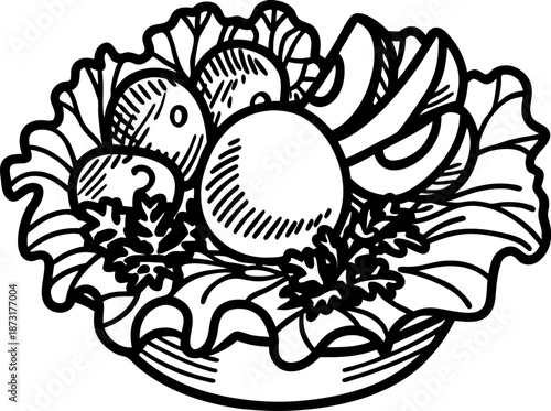 Fresh vegetable salad bowl with lettuce, tomatoes, cucumber slices, and parsley garnish