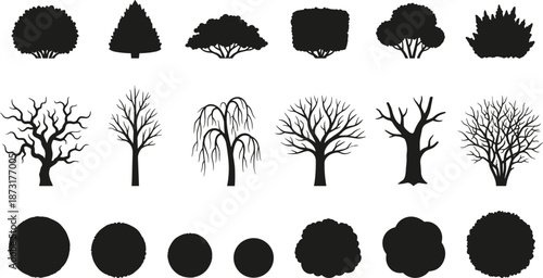 Set of tree silhouettes side view, architectural elevation symbols, black garden bush icons, deciduous and evergreen plant vector for site rendering