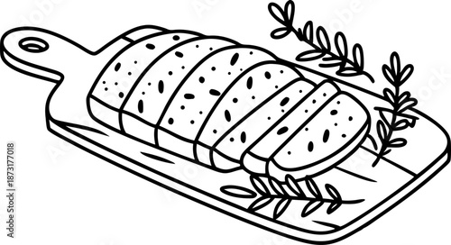 Sliced bread on wooden cutting board with herbs garnish line drawing illustration