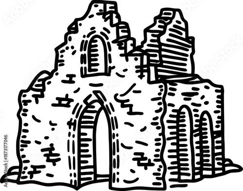 ruined ancient stone building with arched windows and doorways, weathered historic architecture