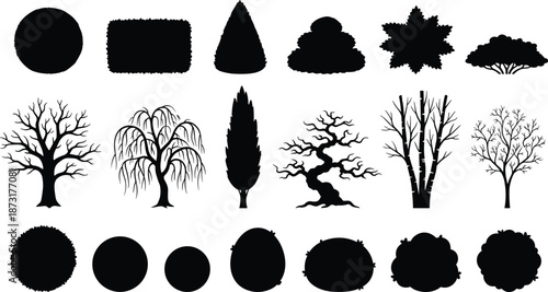 Collection of tree silhouettes side view, architectural elevation symbols, garden bush icons, black vector plants for landscape site plan rendering,