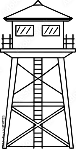 Guard tower with ladder and windows, elevated watch post outline drawing illustration