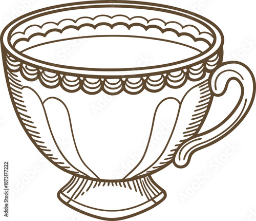 Vintage teacup illustration with ornate patterns and detailed handle design