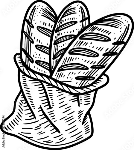 Three french baguettes in a rustic cloth bag freshly baked bread illustration