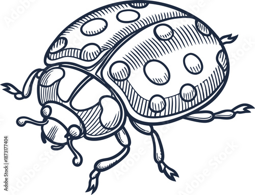 Hand drawn ladybug illustration with detailed line art and spotted shell design