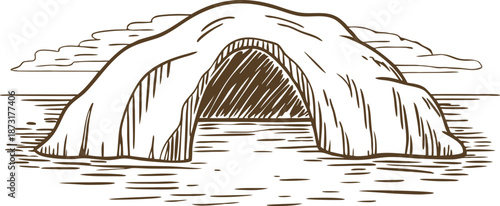 natural sea cave arch on coast with water and cloudy sky in monochrome drawing