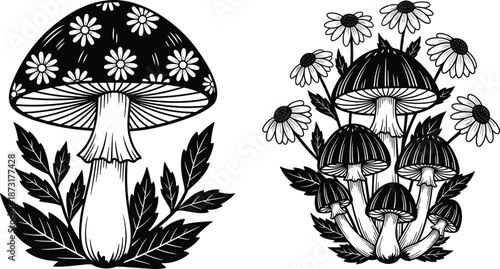 Decorative mushroom and daisy flowers black engraved vector set isolated on white background botanical forest illustration collection design