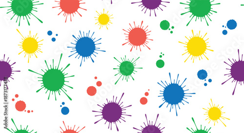 Vibrant colorful paint splash seamless pattern vector featuring abstract ink blot shapes for creative backgrounds and modern designs