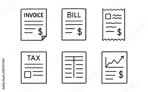 Hand drawn icons representing financial documents like invoices, bills, and tax forms