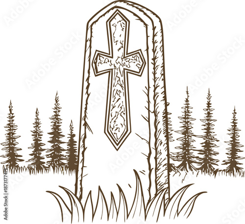 old gravestone with cross in grass and pine trees, vintage cemetery memorial illustration