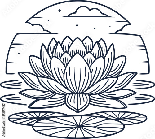 Beautiful lotus flower blooming on water surface with lily pad and serene sky background