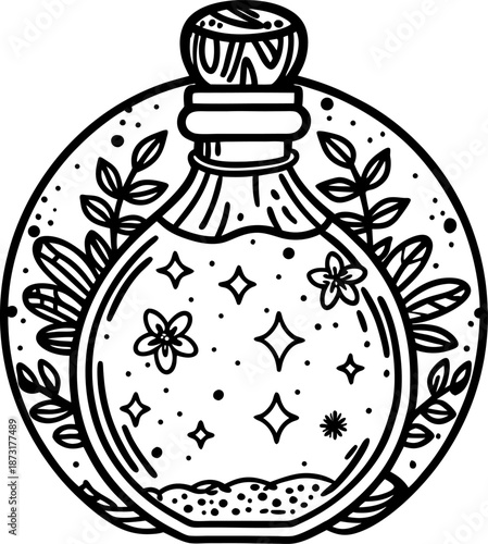Magic potion bottle with stars and flowers, nature inspired herbal elixir design