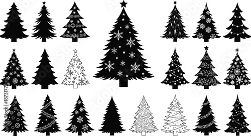 Christmas tree silhouette collection, festive holiday fir designs with ornaments and snowflakes, black and white winter decoration elements, seasonal vector illustration set