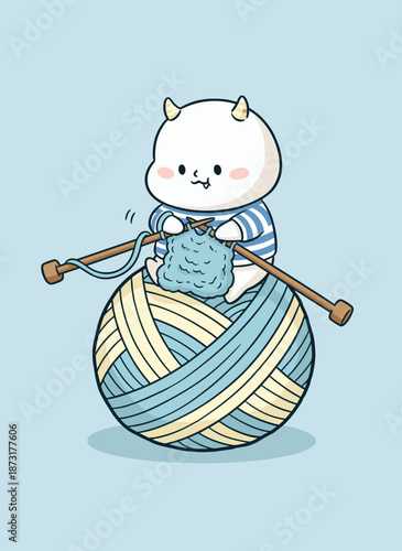 Adorable little monster character sitting on a giant yarn ball and knitting a sweater, cute creative hobby illustration for crafts and DIY