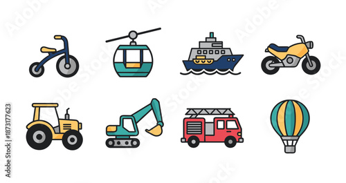 Diverse transport and heavy machinery icons including bicycle, cable car, ship, motorcycle, tractor, excavator, fire truck and hot air balloon