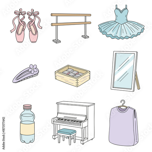Professional Ballet Dance Equipment Collection Including Tutu Dress Pointe Shoes Barre Mirror Piano and Training Accessories Icons
