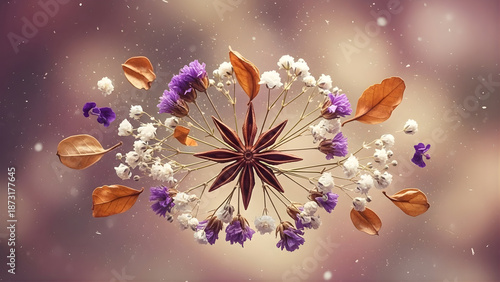 A delicate floral arrangement with star anise and scattered autumn leaves