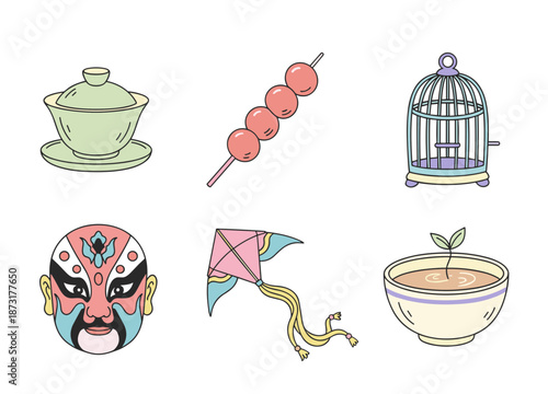 Chinese Cultural Heritage Objects Collection Including Beijing Opera Mask Tea Set Kite Birdcage and Traditional Dessert Skewer