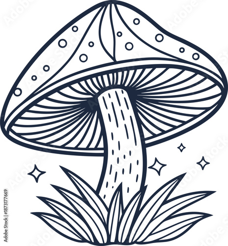 mushroom with spotted cap growing in grass, detailed natural outline drawing