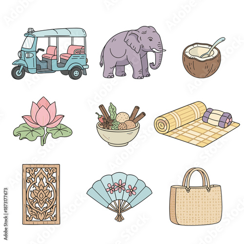 Traditional Thailand Culture and Tourism Icons Set Featuring Tuk Tuk Elephant Lotus Flower Coconut and Decorative Thai Elements