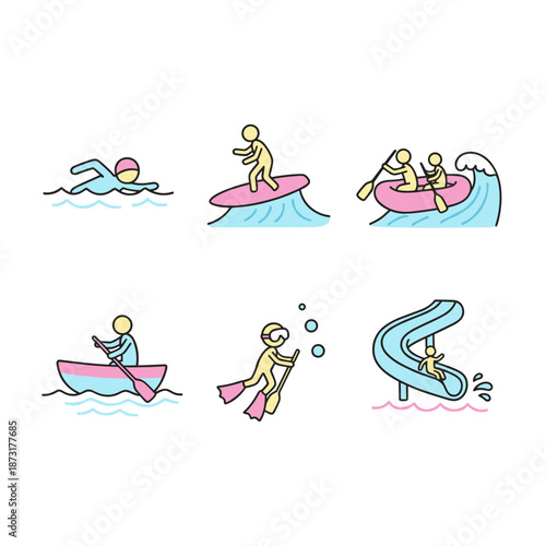 Summer Water Sports and Outdoor Activities Icons Featuring Swimming Surfing Rafting Kayaking Diving and Water Slide Fun