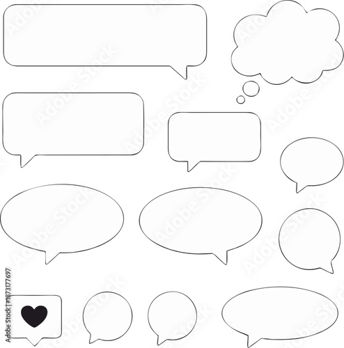 Comic-style speech and thought bubble set with 14 blank designs including cloud, oval, and rectangular shapes, ideal for dialogue templates, storytelling, education, and creative design projects.