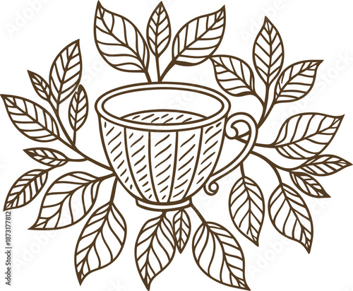 Cup of tea surrounded by tea leaves herbal drink illustration with natural leaves and hot beverage