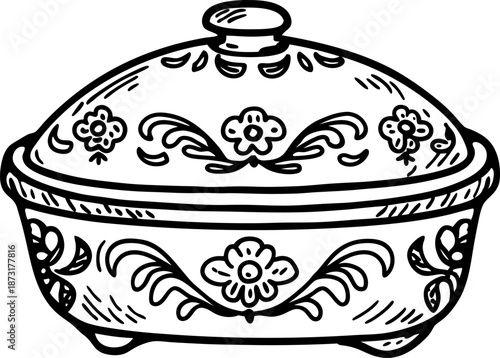 Decorative ceramic casserole dish with lid, floral pattern kitchenware for serving