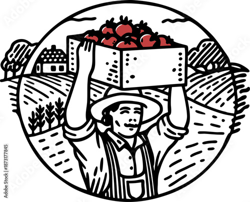 Farmer holding crate of fresh apples with rural farm landscape in background