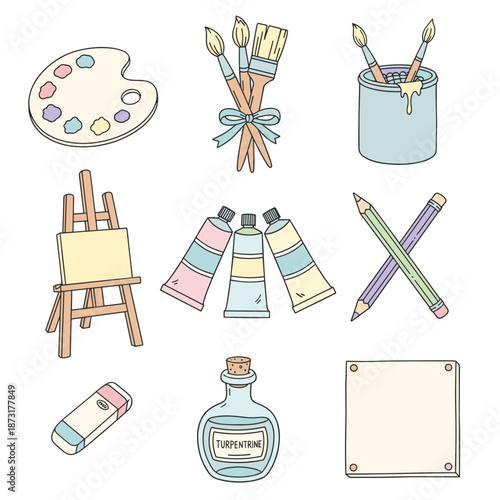 Fine Art Supplies and Painting Equipment Collection with Palette, Brushes, Easel, Canvas, Turpentine and Pencils for Creative Studio