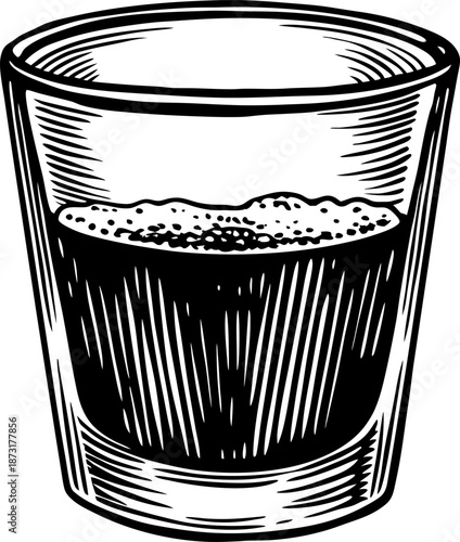 Glass of espresso coffee with crema on top, detailed black and white vintage illustration