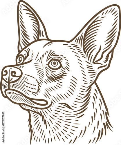 detailed hand drawn dog portrait alert attentive canine face illustration with expressive eyes and upright ears