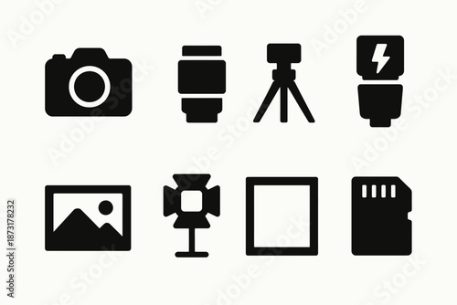 Camera equipment icons: lens, tripod, flash, and more