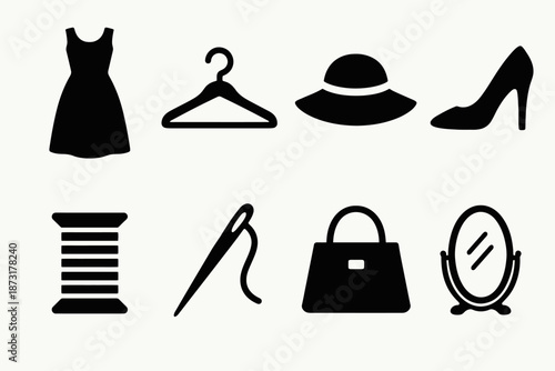 Fashion icon set: dress, accessories, and sewing tools