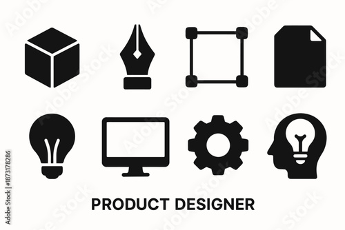 Product designer icons including cube, pen nib, tools, and lightbulb head silhouette