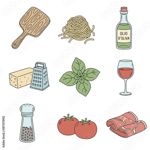 Italian Cuisine Cooking Ingredients Set with Pasta Olive Oil Tomatoes Basil Cheese Grater Red Wine and Salami for Food Blog Design