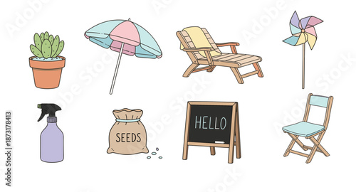 Garden and Patio Furniture Collection with Deck Chair Beach Umbrella Potted Cactus Seeds Spray Bottle and Blackboard Sign Design