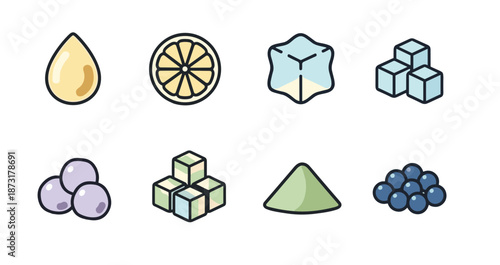 Set of Flat Vector Icons for Ingredients and Bubble Tea Toppings with Syrup Drop Lemon Ice Cubes Sugar Jelly Balls and Matcha Powder